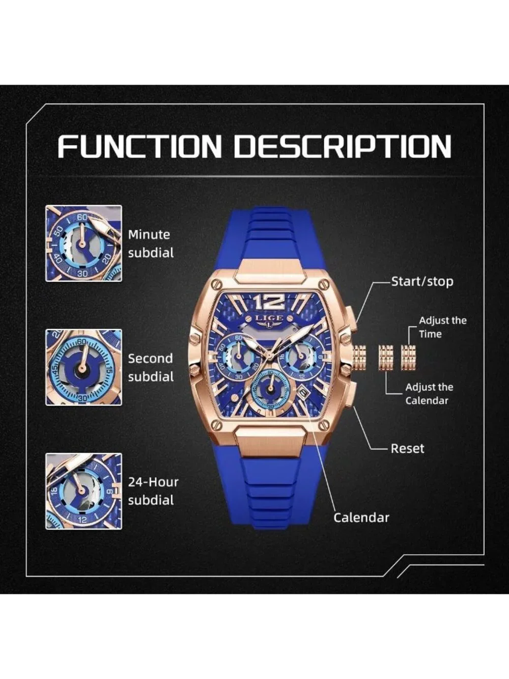 Men's Blue and Bright Copper Square Chronograph Stainless Steel Quartz Watch